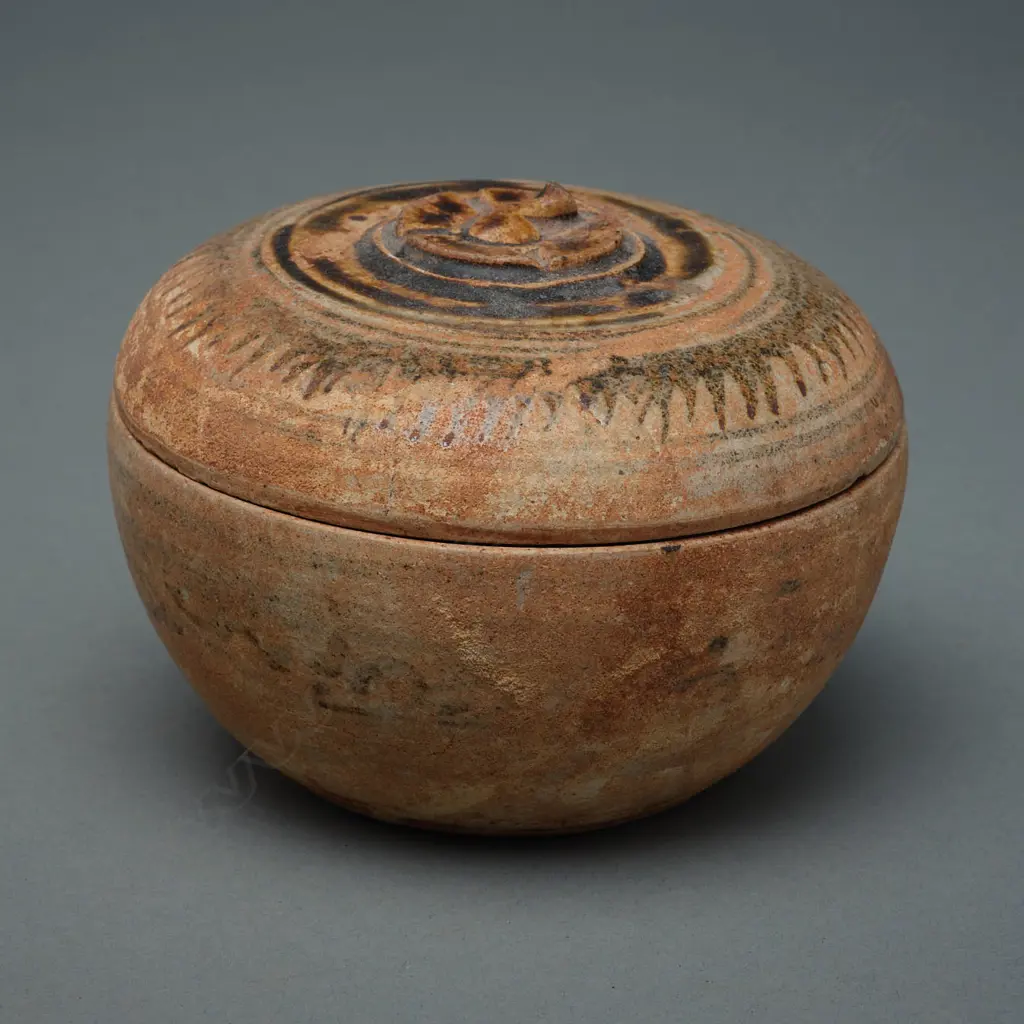 Sawankhalok stoneware covered box, 13th-16thC, greyish buff clay, 83 x 112mm (deterioration to glaze) Image 1++
